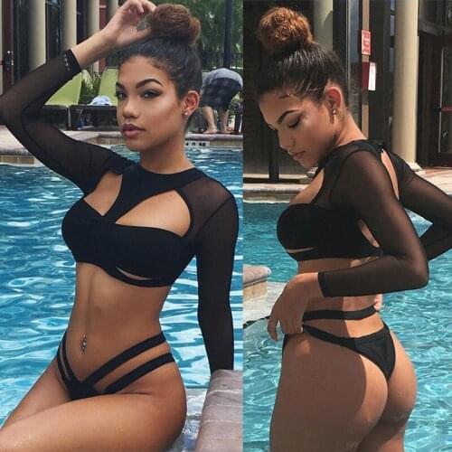 Summer Hot Sale Sexy Women Mesh Bandage Long Sleeve Bikini Push-Up Padded Bikini Sets Female Swimsuit Beachwear Bathing Suits