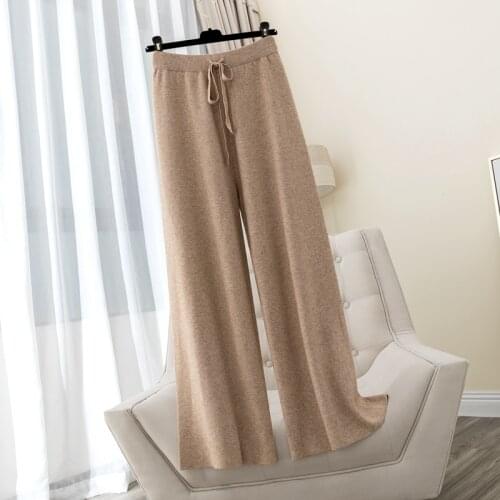 BYGOUBY Autumn Winter Thick Warm Women Wide Leg Pants Drawsring Full Length Moping Shaking Pant High Waist Casual Knit Trousers