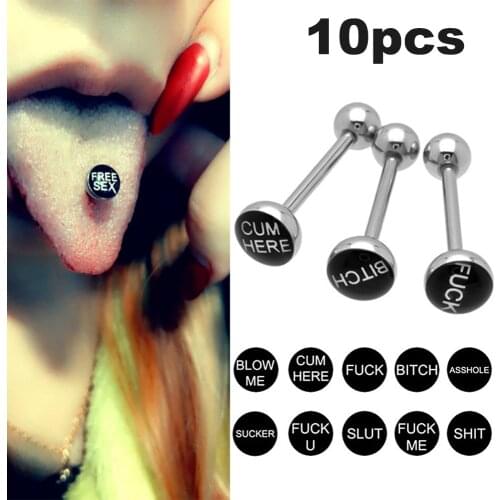 10PC Bad Dirty Word Logo Tongue Barbell Tongue Rings for Women 316l Surgical Steel Tongue Piercing Ring Sexy Body Jewelry 14G