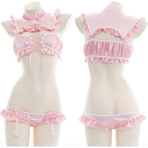 Chinese Style Kawaii Pink Open Chest Underwear Set Soft Girl Lolita Bandage Ruffles Cheongsam Pajamas Maid Tassel Loli Lingerie
