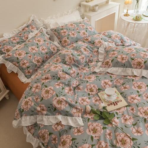 Home Textile Floral Bedding Set Cotton 4pcs Princess Lace Paetoral Duvet Cover Sets Sheet King Queen Size Soft Cotton