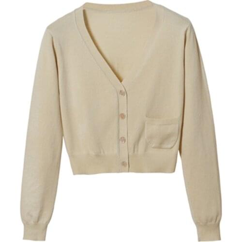 Korean New 2020 Spring Autumn V Neck Crop Top Cute Girls Coat Spring Autumn Jacket Knitwear Short Style Women Sweater Cardigans