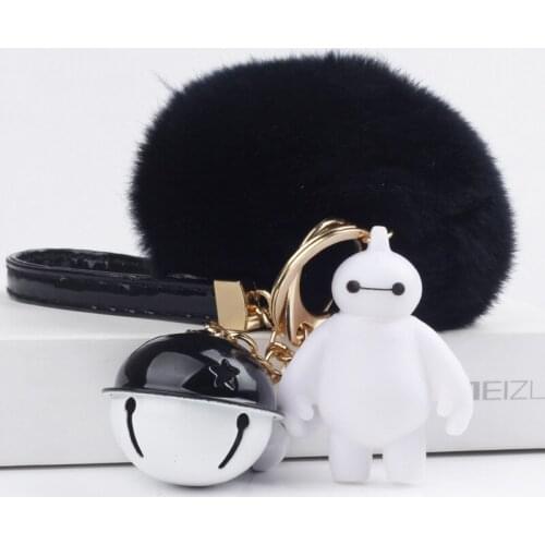 Leather Rope Keychain Rabbit Fur Ball Pom Pom Fluffy Big Hero White Key Chain Keyring Car for Women Charm Bag Key Chians Pendant