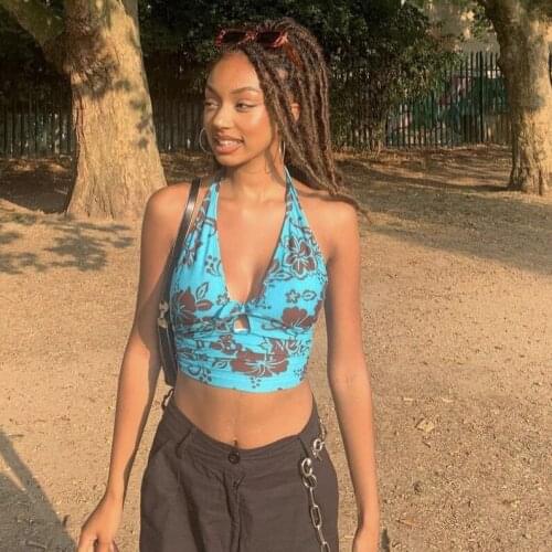 Hirigin Floral Printed Blue Halter Top Summer Bohemian Beach Style Backless Tank Top Tie Knot Front Cut Out Mini Vest Women Cami