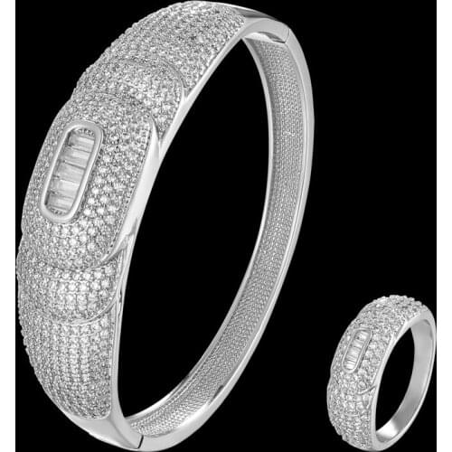 Funmode Trendy Shiny Baguette Micro CZ Pave Bangle Ring Jewelry Sets For Wedding Bridal Bijoux Sets Wholesale FS240
