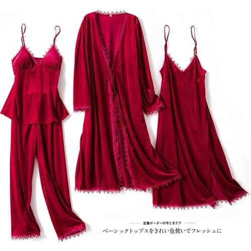 New Womens 4 Pieces Pajamas Set Gold Velvet Warm Winter Sleepwear Suit Ladies Sexy Lace Robe Nightwear Kit With Chest Pads