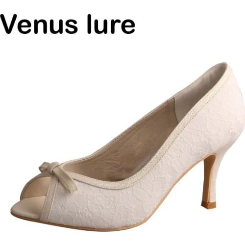 Sweet Women Lace Peep Toe Wedding heels Bow Lady Party Evening Pumps