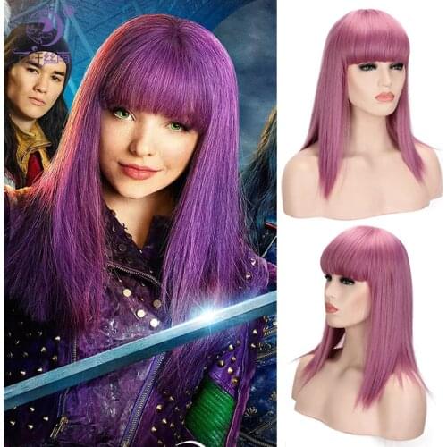 Descendants Costume Mal Wig Cosplay Costumes Long Straight Wig Purple with Neat Bang Heat Resistant Synthetic Wigs for Girls