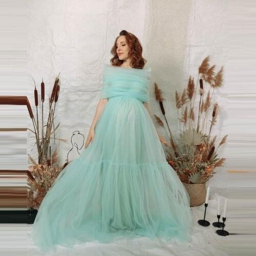 Off The Shoulder Mint Mesh A-line Pregnant Women Dress To Photo Shoot Unique Half Sleeves Tulle Ruffles Maternity Bridal Gowns