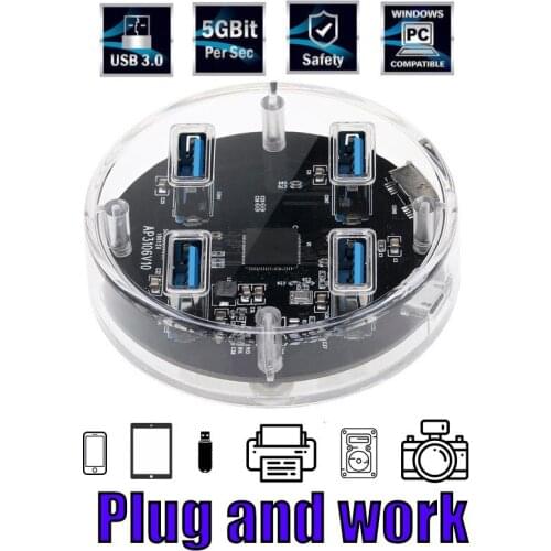 Transparent Body Heavey Duty 4 Ports USB 3.0 Hub For Computer Desktop Laptop 5Gbps Fast Transfer Additional Power Supply