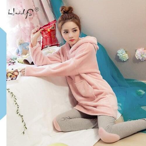 Pink Flannel Thick Sleepwear Women Winter 2 Piece Set Pajamas Set Hooded Cartoon Pyjamas With Pocket Female Casual Home Clothing