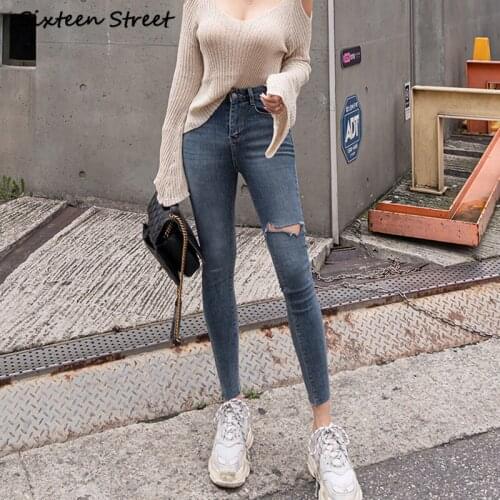 Ripped Jeans For Women Korean Autumn New High Waisted Skinny Jean Slim Femme Hole Fashion Female Denim Y2K Pants Aesthetic 2020