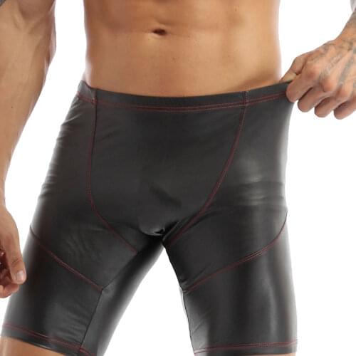 Men Sexy Latex Short Pants Wetlook Patent Leather Underwear Tight Leggings Sport Workout Gym Shorts Beach Party Bikini Bottoms