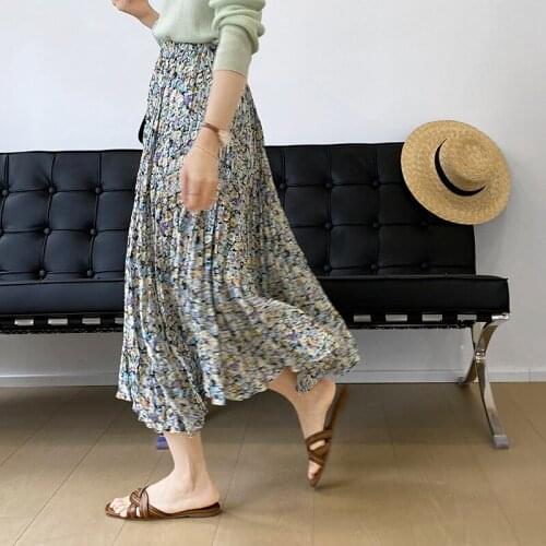 Floral Print Chiffon Skirt Womens 2021 Summer Elastic Waist Pleated Oil Painting Skirt 7035