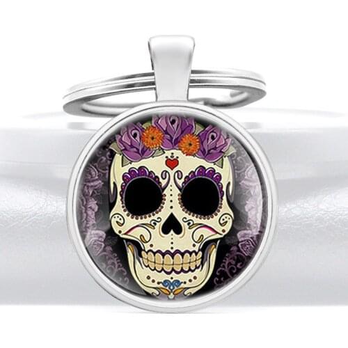 Steampunk Flower Skull Glass Dome Key Chains Charms Men Women Alloy Pendant Key Rings Jewelry Gifts