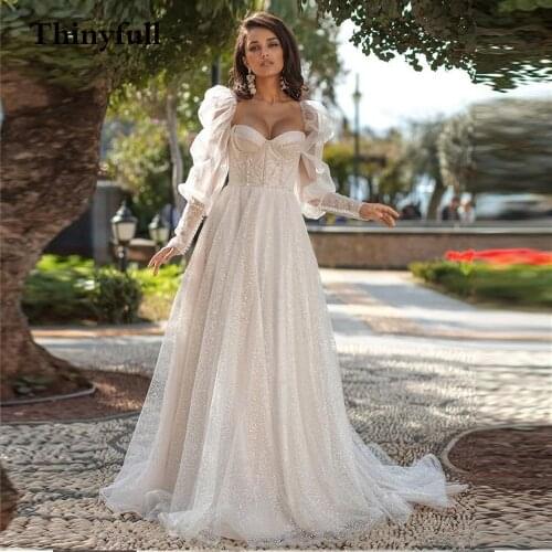 Thinyfull Glitter Long Princess Sweetheart A Line Wedding Dresses Long Detachable Puff Sleeve Bridal Gowns Bling Vestido Blanco