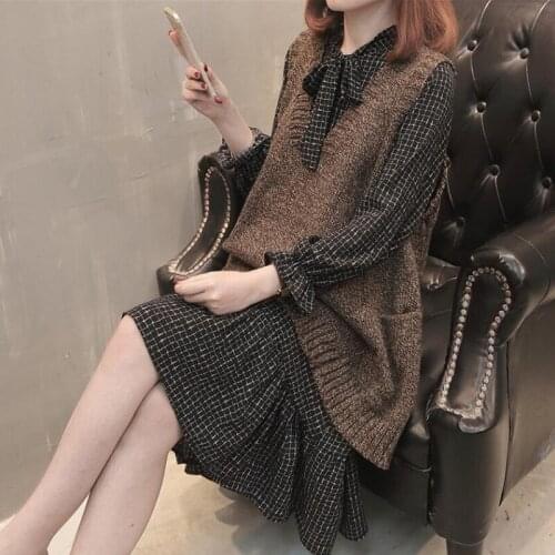 Streetwear Two Piece Set Dress Women Autumn Sweater Vest and Knee-Length Dresses Plus size 4XL Elegant party Dress Vestidos