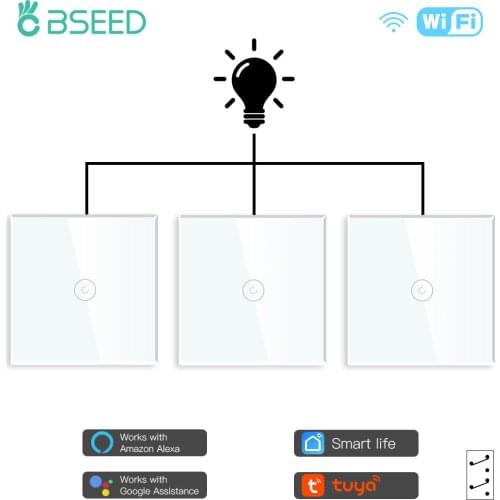 BSEED Smart Switch 1Gang 1/2/3Way Wifi Light Switch Google Alexa Smart Life App Control Crystal Glass Panel 3Pack EU Standard