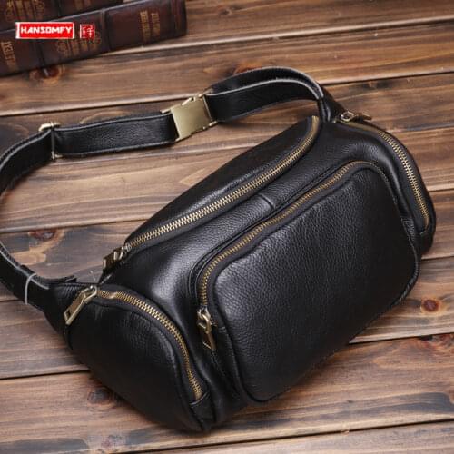 New Large Capacity Leather Pocket Mens Chest Bag Men Casual Waist Packs Cowhide Crossbody Bag Vintage