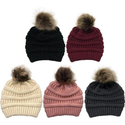 Fleece Lined Knitted Beanie Hat with Decorative Ball Warm Cap