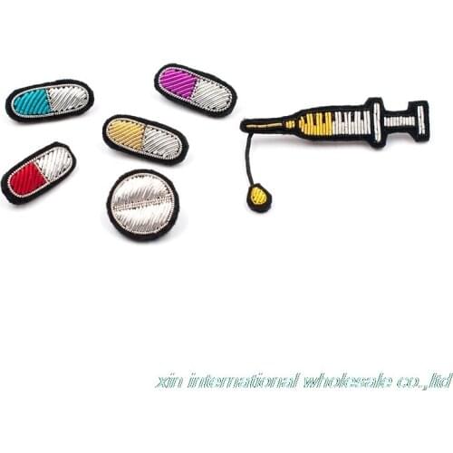 Handmade embroidery of high grade metal wire gay pride new style Simple pill syringe badges Fashion clothes badge