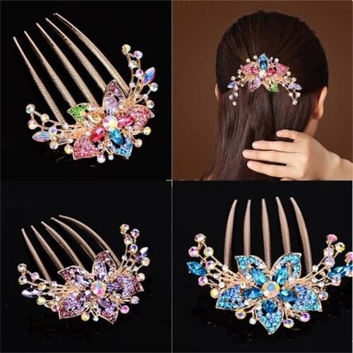 1PC Colorful Flowers Rhinestone Hairpins Retro Womens Hollow Out Crystal Hair Comb Hairpin Fashion Hair Accessories Headdress