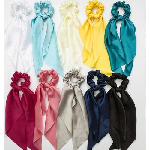 Women Fashion Solid Print Bow Satin Girls Elastic Hair Bands Long Ribbon Ponytail Onytail Scarf Headband Ladies Hair Accessories