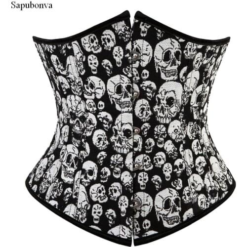 Sapubonva women corset bustier tops steel boned underbust corset plus size skull cupless brocade burlesque basque corselet sexy