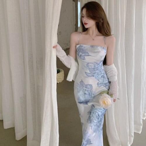 Sexy Suspender Dress Women Summer New Style Printed Slim Back Hollow Vestido Fashion Temperament Was Thin Long Banquet Dresses