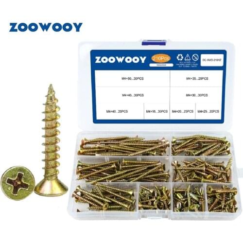 16-50mm 210pcs Wood Screw Set Cross Recessed Fiberboard Screw Zinc Plated Self Tapping Screw Countersunk Flat Head Board Screws