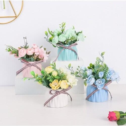 Home Decoration Accessories Simulation Flower Figurines Miniature Model Ornaments Wedding Decor Crafts Flower With Pots Gifts