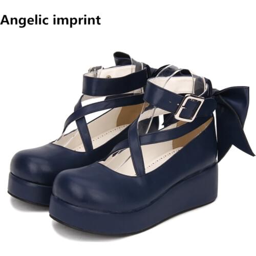 Angelic imprint woman mori girl lolita cosplay shoes lady mid heels pumps wedges women princess dress party shoes big bowtie 5cm