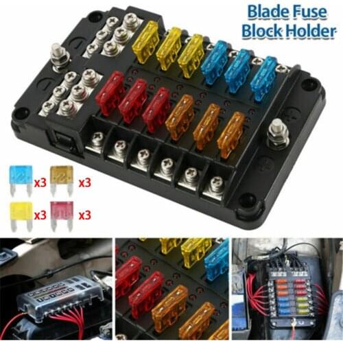 12V 32V Blade Fuse Box Holder M5 Stud Terminal Block With LED Indicator Light 12 Ways Blade for Auto Car Boat Marine Trike