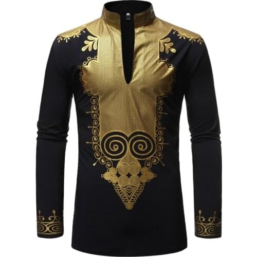 Black Stand Collar African Clothes 2020 Fashion African Dashiki Print Mens Dress Shirts Long Sleeve African Shirt Men Camisas
