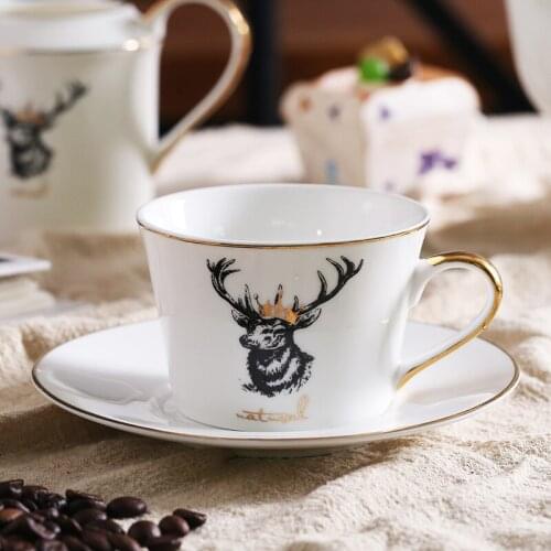 Luxury Elk Style Ceramic Bone China Coffee Tea Cup Saucer with Gold Line