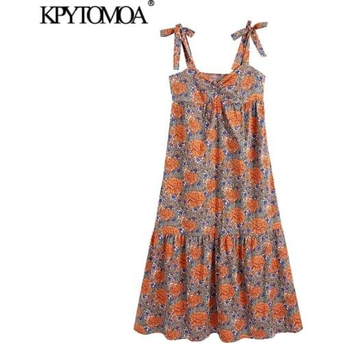 KPYTOMOA Women 2021 Chic Fashion Floral Print Ruffled Midi Dress Vintage Wide Straps With Tied Side Zipper Female Dresses Mujer