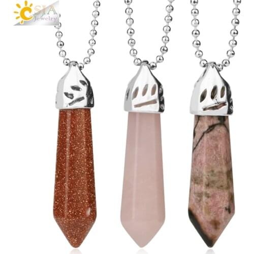 CSJA Natural Gem Stone Hexagon Pillar Pendant Healing Crystal Quartz Onyx Necklaces Suspension for Women Men Trendy Jewelry G301