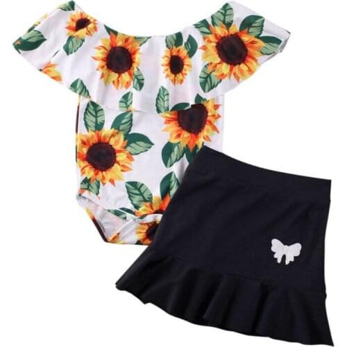 Summer Toddler Kids Baby Girls Clothes Sets 0-24M Sunflowers Printed Romper Tops Ruffles Skirts Outfits 2PCS