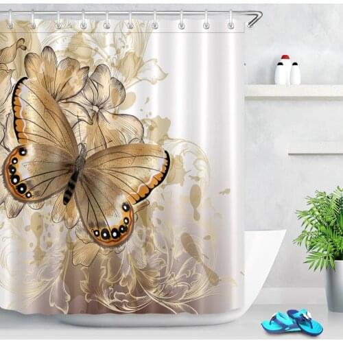 Cute Stylish Floral White and Gold Shower Curtains Butterfly Luxury Bathroom Curtain Fabric Polyester for Bathtub Decor