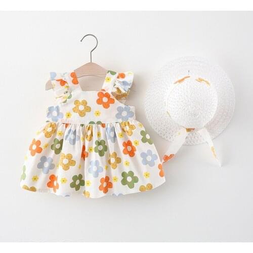 New Summer Baby Girl Dress Flower Girl Dresses 2pcs Ruffles Sleeveless Girls Dresses+hat Cute Princess Dress Baby Clothes 0-24M
