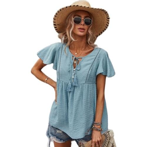 New Design Good Quality Factory Price Fashion Hot Selling Womens Leisure Vacation Stitching Solid Color V-Neck T-Shirt