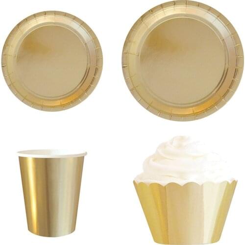 Gold Silver Foil Solid Party Supplies Disposable Paper Plate Cups Straws Cup Wedding Baptism Baby Shower Party