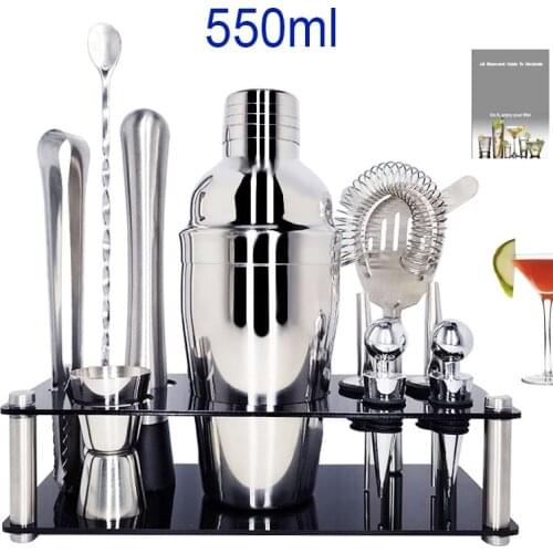 Bar Tool Set 550/750ml Tong Spoon Jigger Kit Muddler Strainer Stainless Steel Cocktail Shaker With Wine Rack Cocktail Recipe