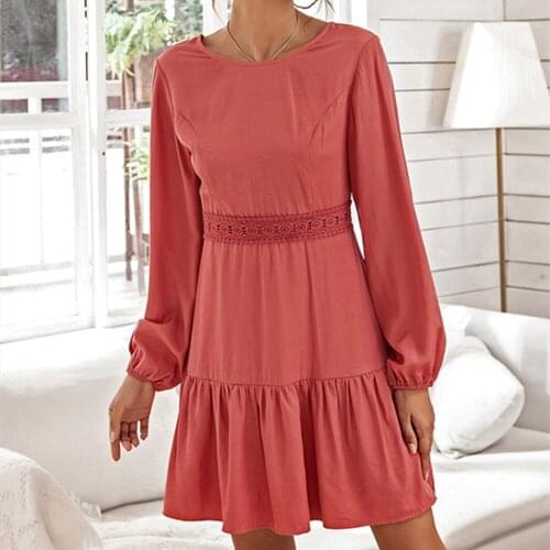 Pdfmily Red Backless Tie Casual Dresses Women Autumn Solid Long Sleeve O-Neck High Waist Embroider A-Line Short Dress Ladies