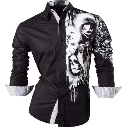 Sportrendy Men Shirts Dress Casual Fashion Long Sleeve Slim Fit Stylish Skull Print Tattoo JZS047