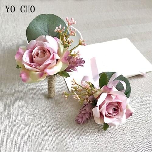 YO CHO Rose Wrist Corsage Bracelet Bridesmaid Silk Flowers Pink Wrist Corsage Supplies Wedding Groom Boutonniere Mariage Flowers