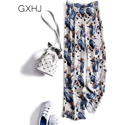 Ladies printed trousers Casual High Waist Pants Women Fashion loose Long Trousers Ladies Blue Sweatpants Streetwear with belt