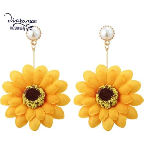 Dvacaman 2021 New Design Trendy Sunflower Pearl Long Dangle Earrings Women Korean Fashion Cute Flower Statement Earrings Jewelry