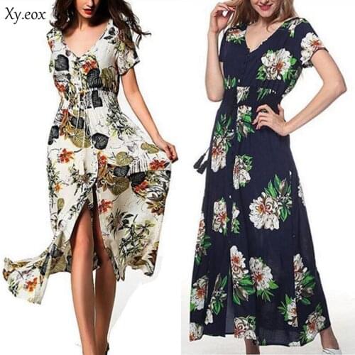 Women Summer Floral Long Dress Ladies short Sleeve Casual Beach Party Maxi Dress
