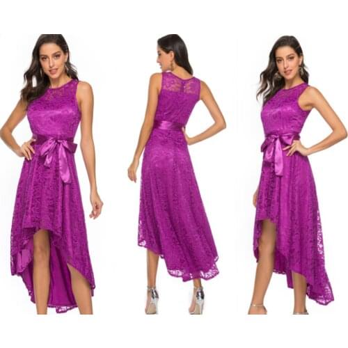 Women Plus Size Vintage Sleeveless High Low Hem Belted Lace Party Dress High Waist Solid Dress S-5XL Ladies irregular Vestidos